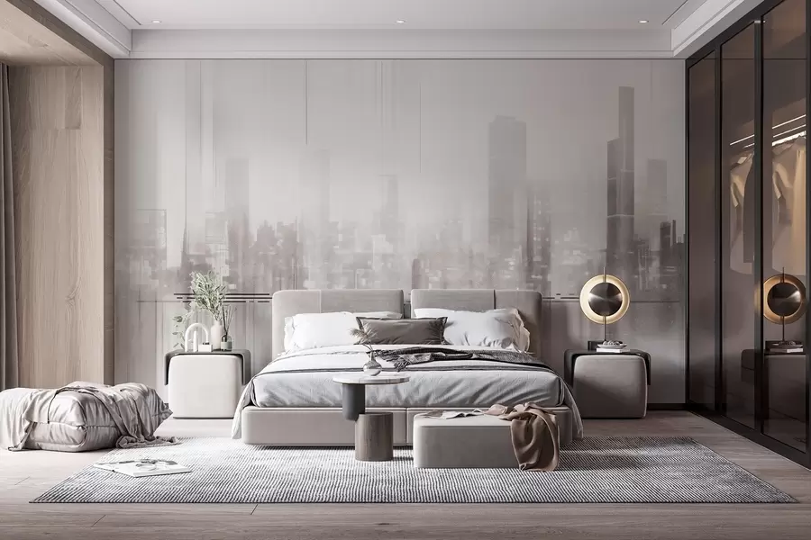 murais de parede Paisagem urbana abstrata texturizada com edifícios altos e faixas, em tons de cinza e branco, criando um efeito nebuloso w09119