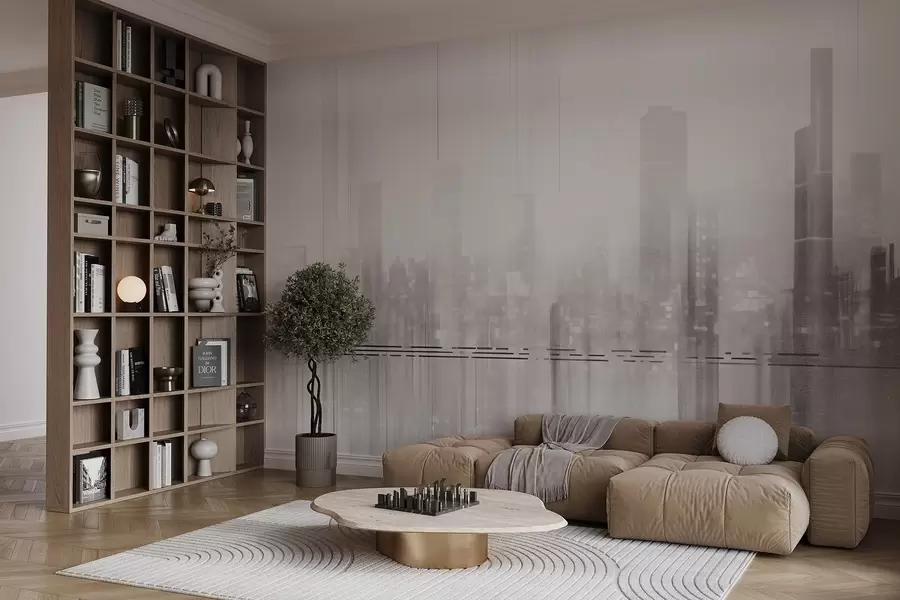 murais de parede Paisagem urbana abstrata texturizada com edifícios altos e faixas, em tons de cinza e branco, criando um efeito nebuloso w09119
