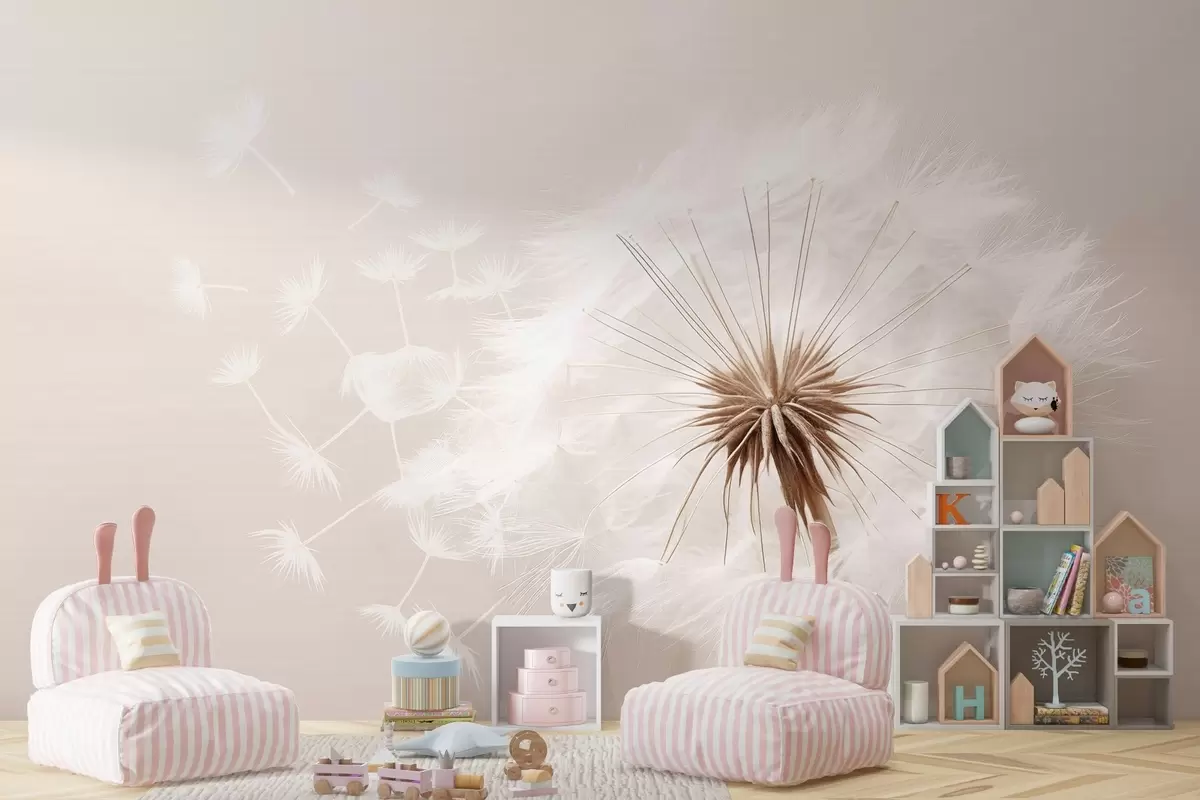 murais de parede Composição floral moderna e suave com uma cabeça de dente-de-leão totalmente desabrochada e sementes flutuantes, em uma delicada textura têxtil w03939