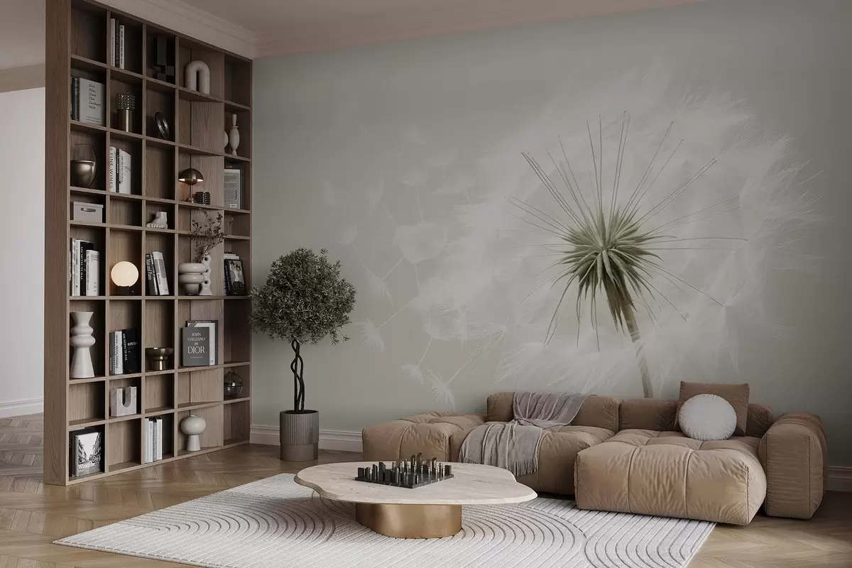murais de parede Composição floral moderna e suave com uma cabeça de dente-de-leão totalmente desabrochada e sementes flutuantes, em uma delicada textura têxtil w03939v1