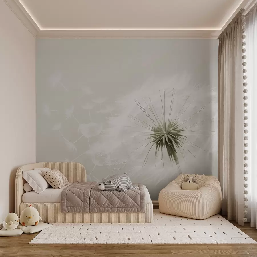 murais de parede Composição floral moderna e suave com uma cabeça de dente-de-leão totalmente desabrochada e sementes flutuantes, em uma delicada textura têxtil w03939v1