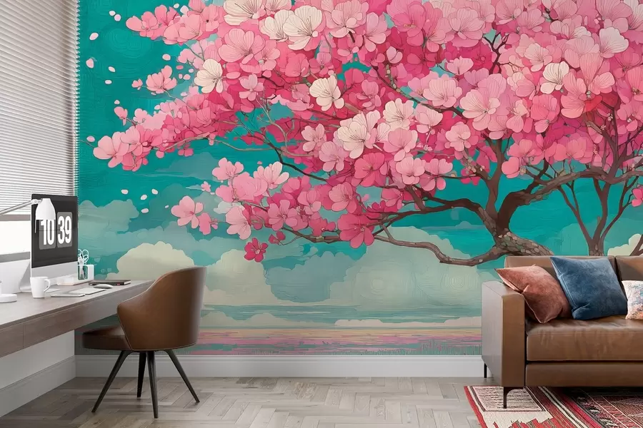 murais de parede Uma cerejeira em flor rosa com pétalas caindo e um céu azul em um estilo romântico w09120