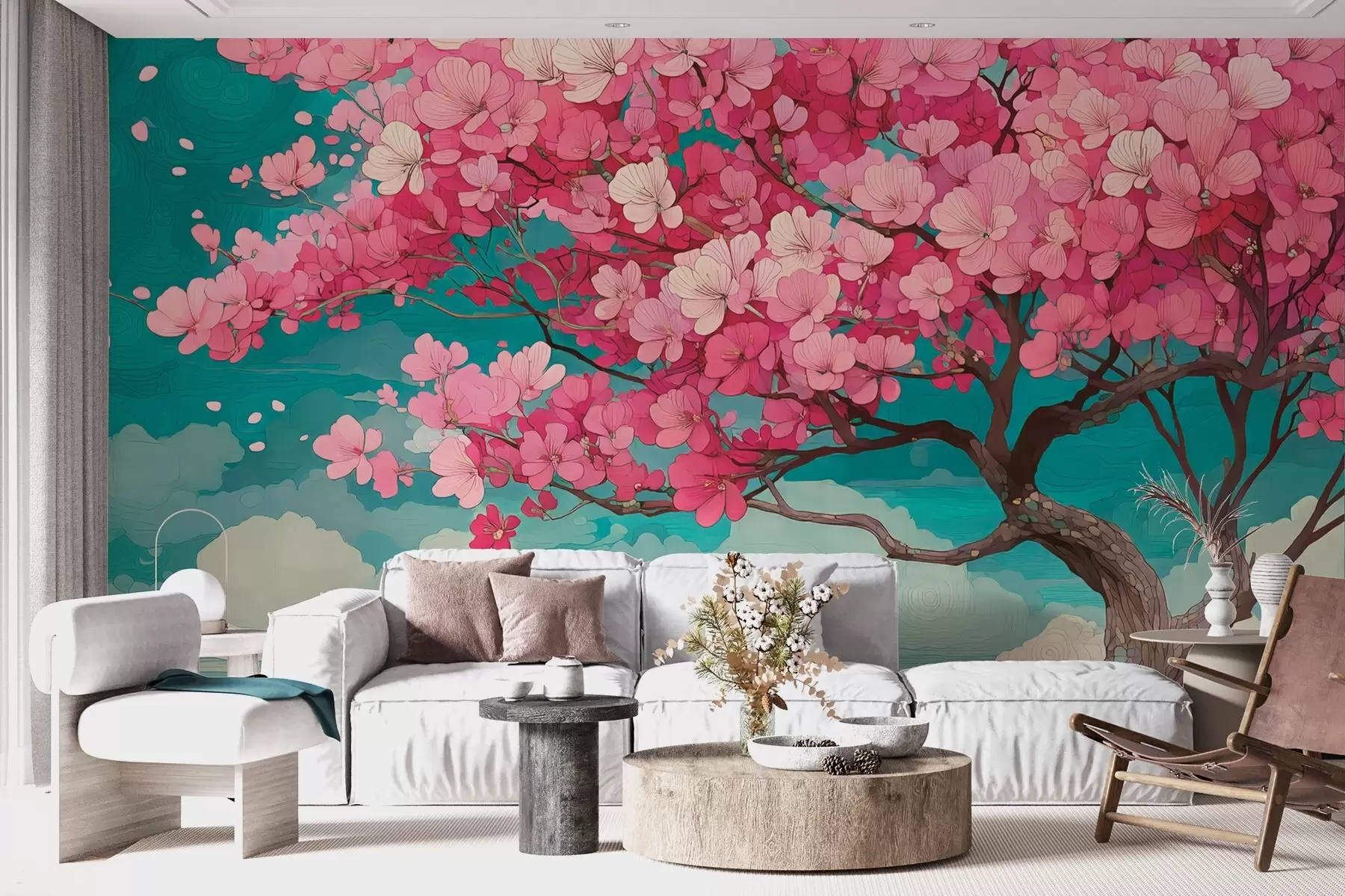 murais de parede Uma cerejeira em flor rosa com pétalas caindo e um céu azul em um estilo romântico w09120