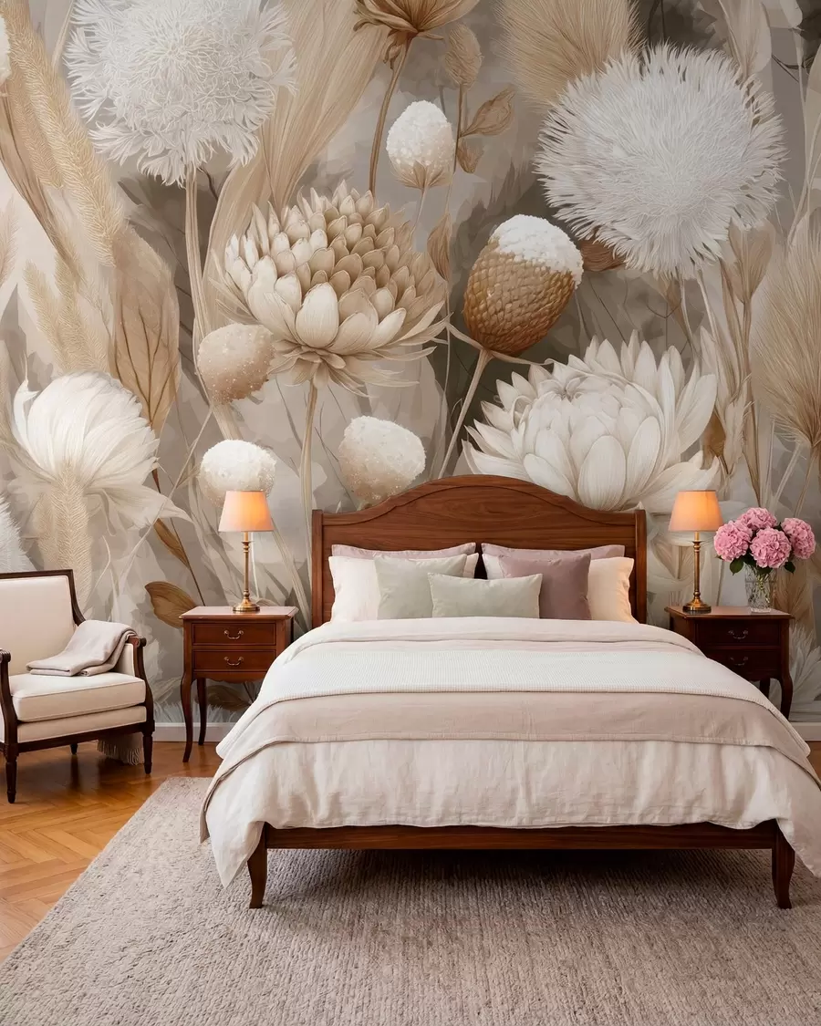 murais de parede Harmonia Boho: Flores texturizadas em tons de bege e creme w09121