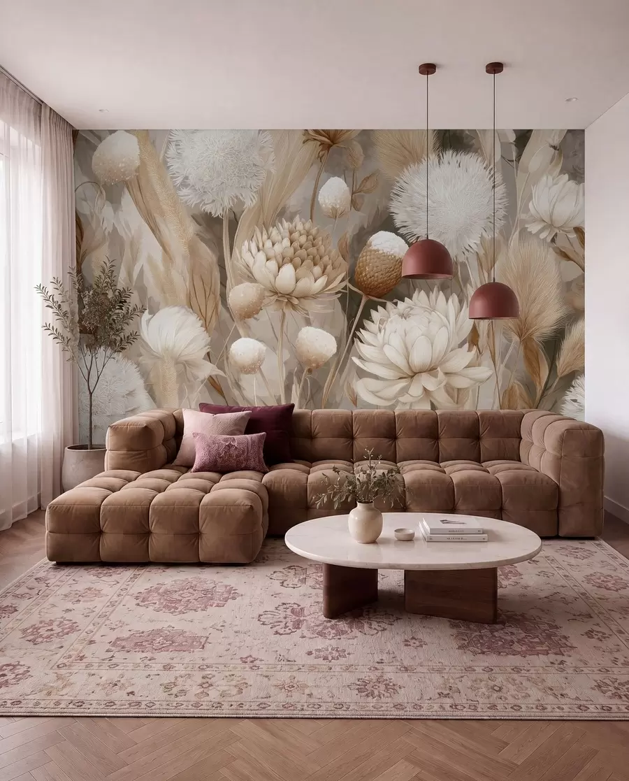 murais de parede Harmonia Boho: Flores texturizadas em tons de bege e creme w09121