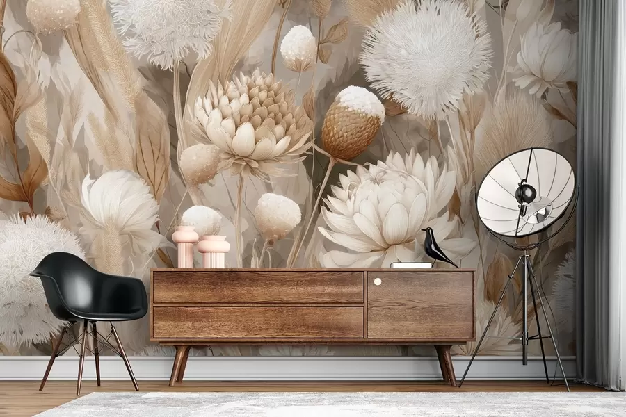 murais de parede Harmonia Boho: Flores texturizadas em tons de bege e creme w09121