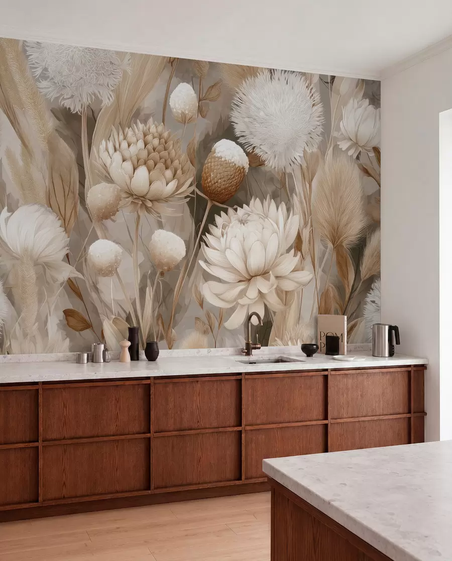 murais de parede Harmonia Boho: Flores texturizadas em tons de bege e creme w09121