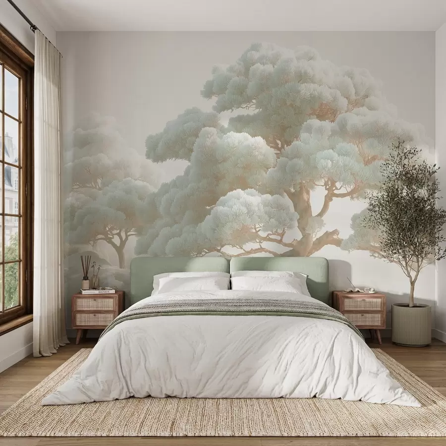 murais de parede Pinheiros na névoa em tons suaves em uma floresta w09122