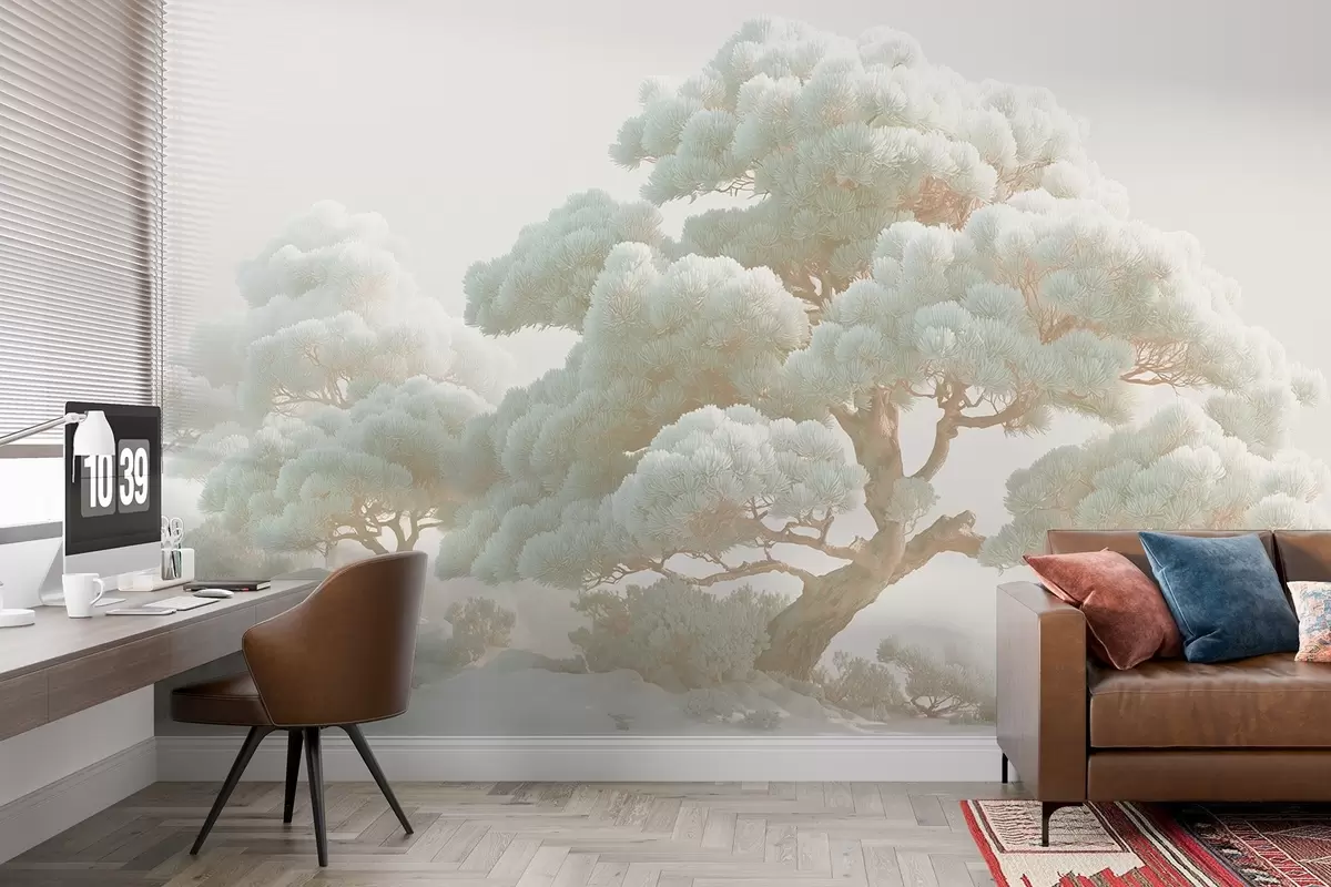 murais de parede Pinheiros na névoa em tons suaves em uma floresta w09122