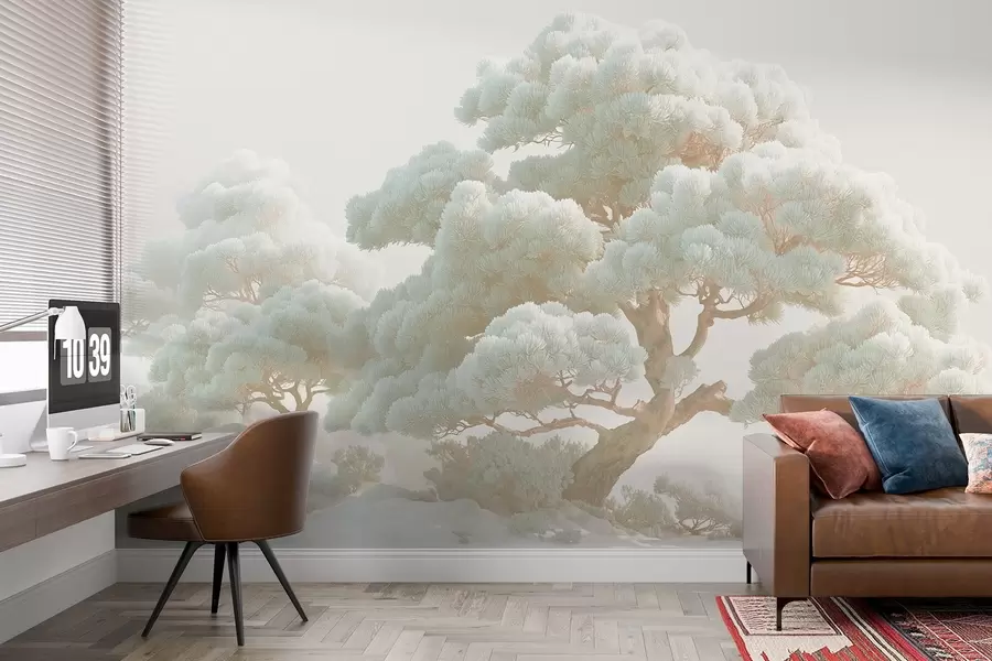 murais de parede Pinheiros na névoa em tons suaves em uma floresta w09122