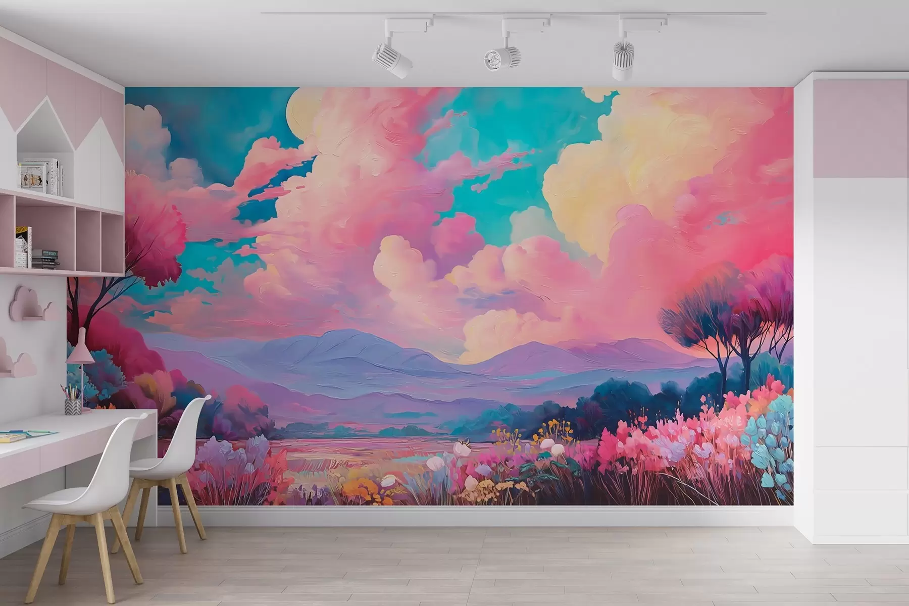 murais de parede Paisagem colorida em estilo de pintura a óleo com um céu rosa, plantas e árvores w09123