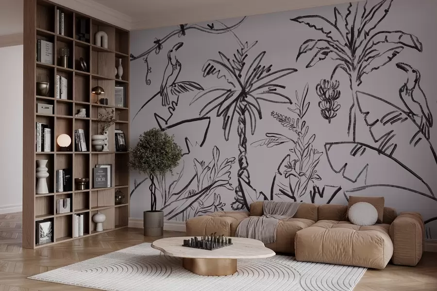 murais de parede Padrão tropical na cor preta, palmeiras, bananas, gráficos de contorno w04020v7