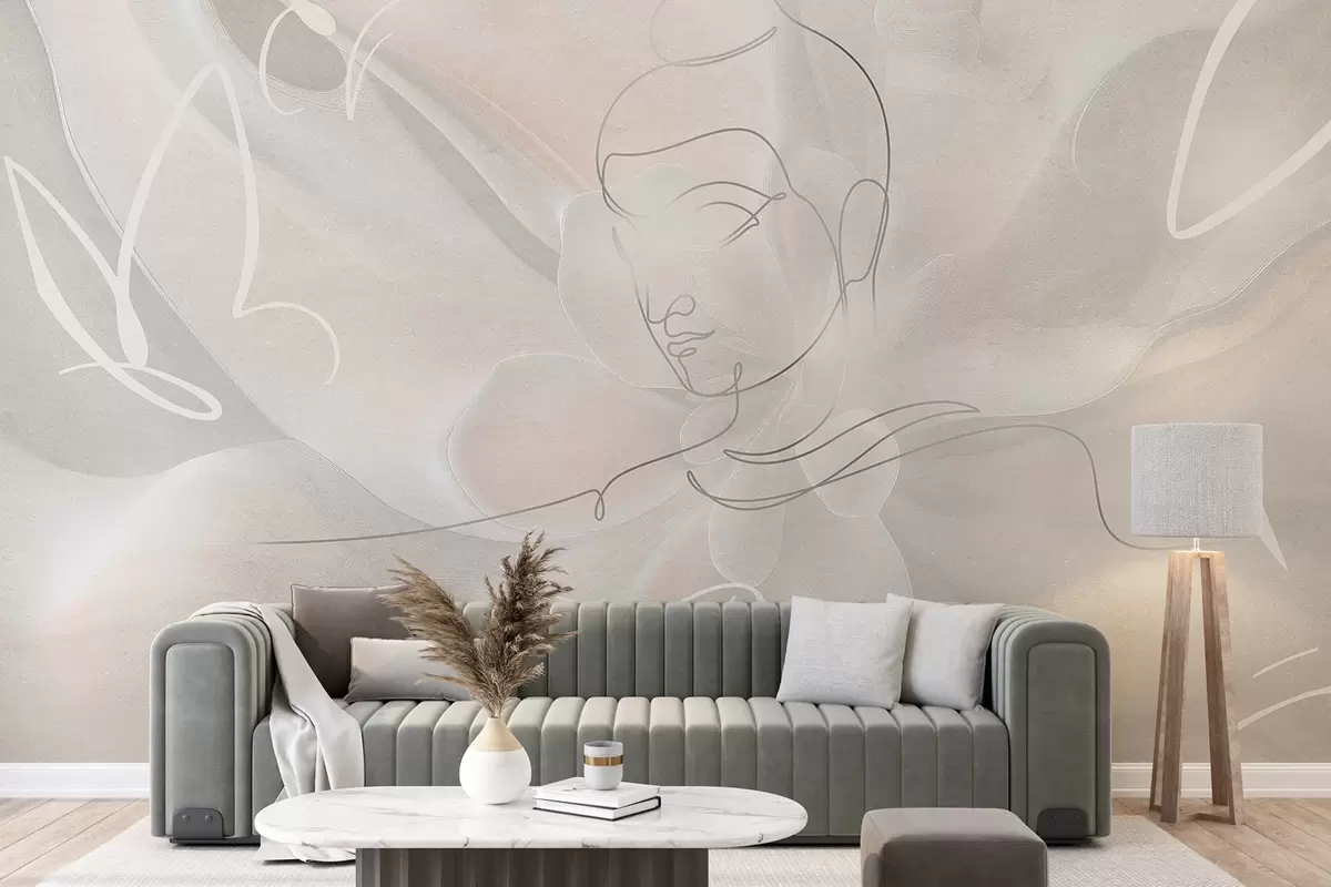 murais de parede Abstração floral com desenho de linha de Buda, cores bege w04004