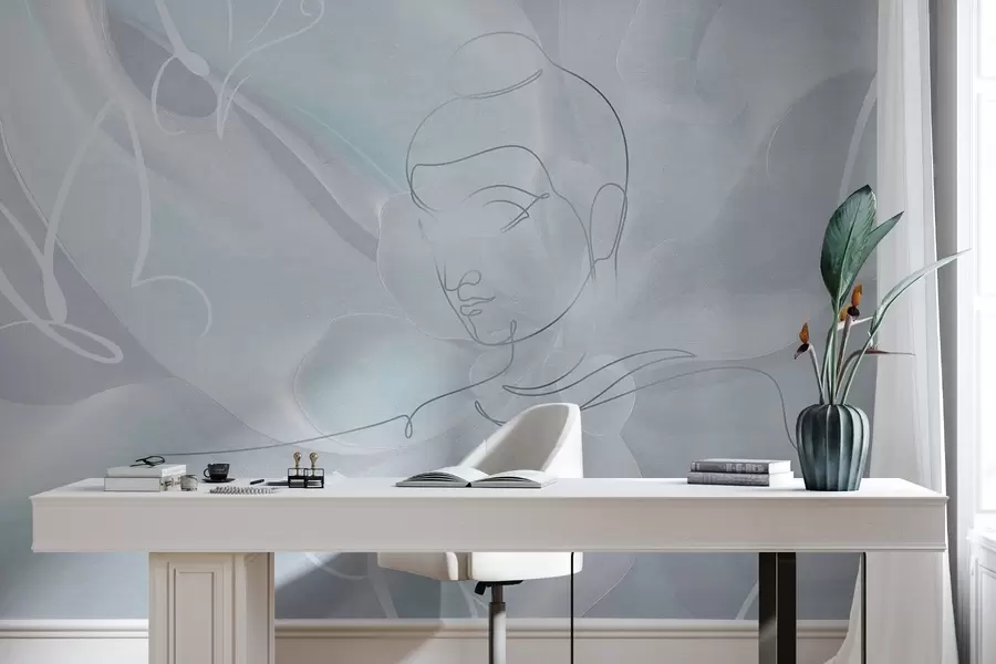 murais de parede Abstração floral com desenho de linha do Buda, cores azuis w04004v1