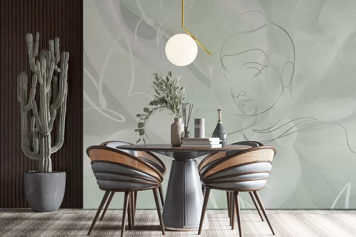 murais de parede Abstração floral com desenho de linha do Buda, cores verdes w04004v3