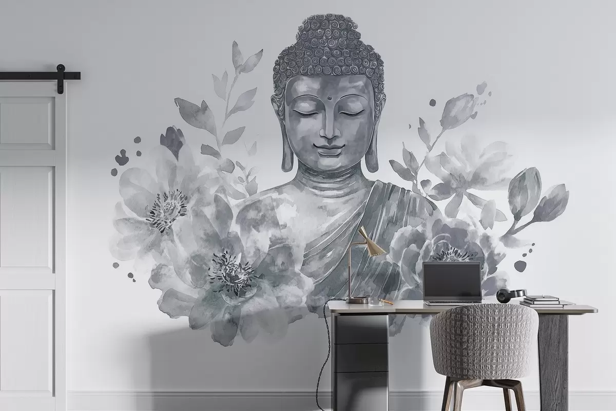 murais de parede Buda em aquarela com flores, espiritual, paleta de cores cinza  w04005v1