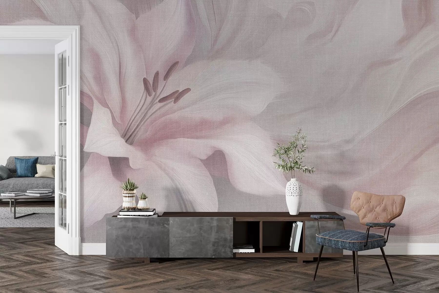 murais de parede Abstração fluida de flor de lírio, floral, cores rosa e bege w04006v4