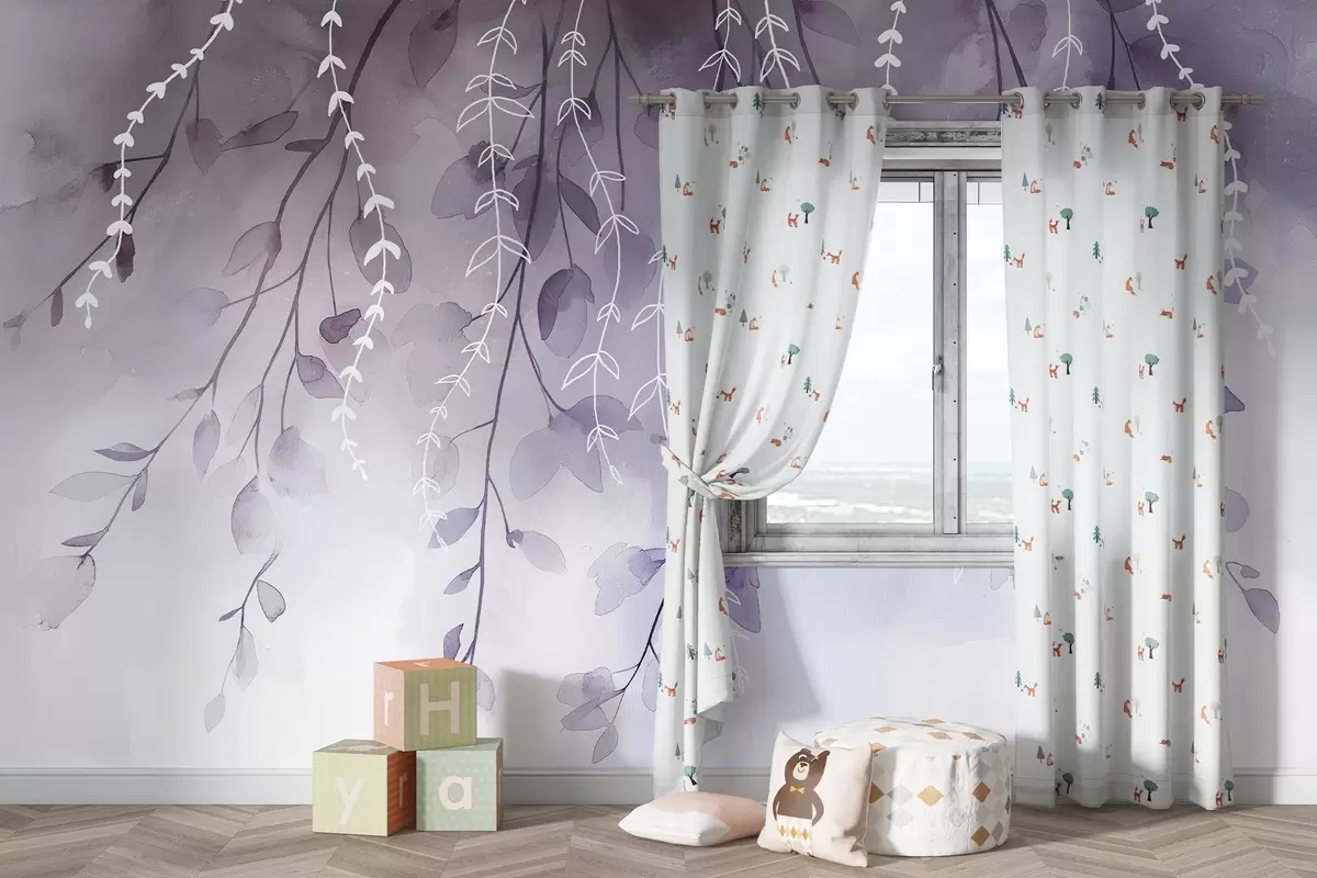 murais de parede Galhos com folhas em estilo aquarela, cores roxas naturais w04007v2