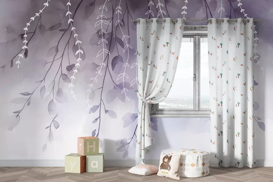 murais de parede Galhos com folhas em estilo aquarela, cores roxas naturais w04007v2