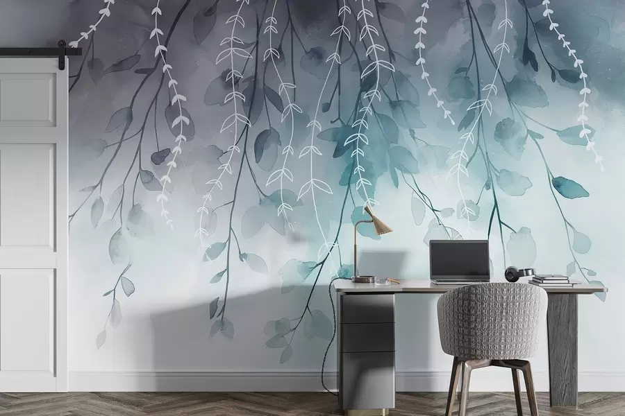 murais de parede Galhos com folhas em estilo aquarela, cores naturais de água-marinha w04007v3