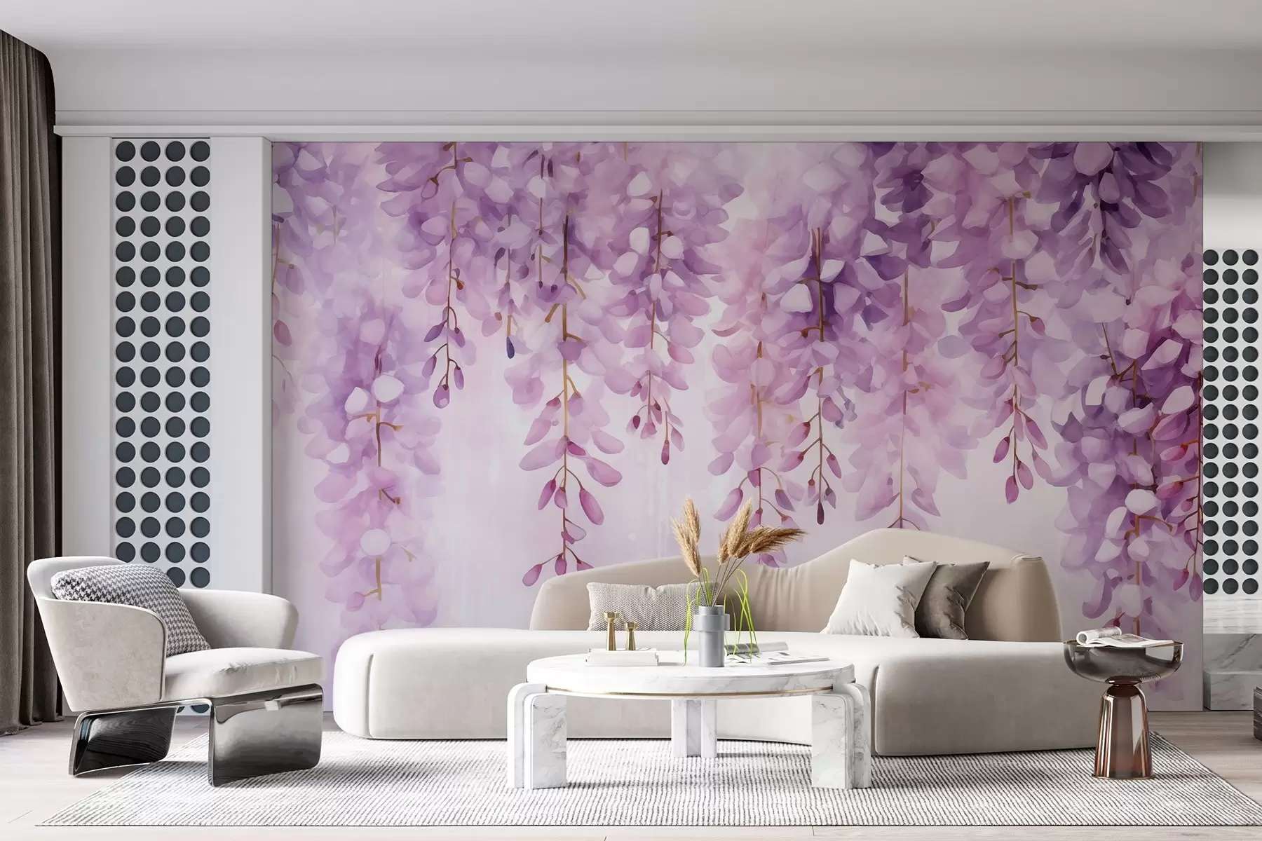 murais de parede Composição delicada em aquarela com glicínias em cascata em tons suaves de lavanda e rosa, criando uma atmosfera pacífica, w04034