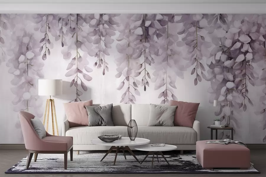 murais de parede Cena em aquarela com glicínias lilases suaves caindo em cascata, evocando a calma e a clareza de uma névoa matinal w04034v3