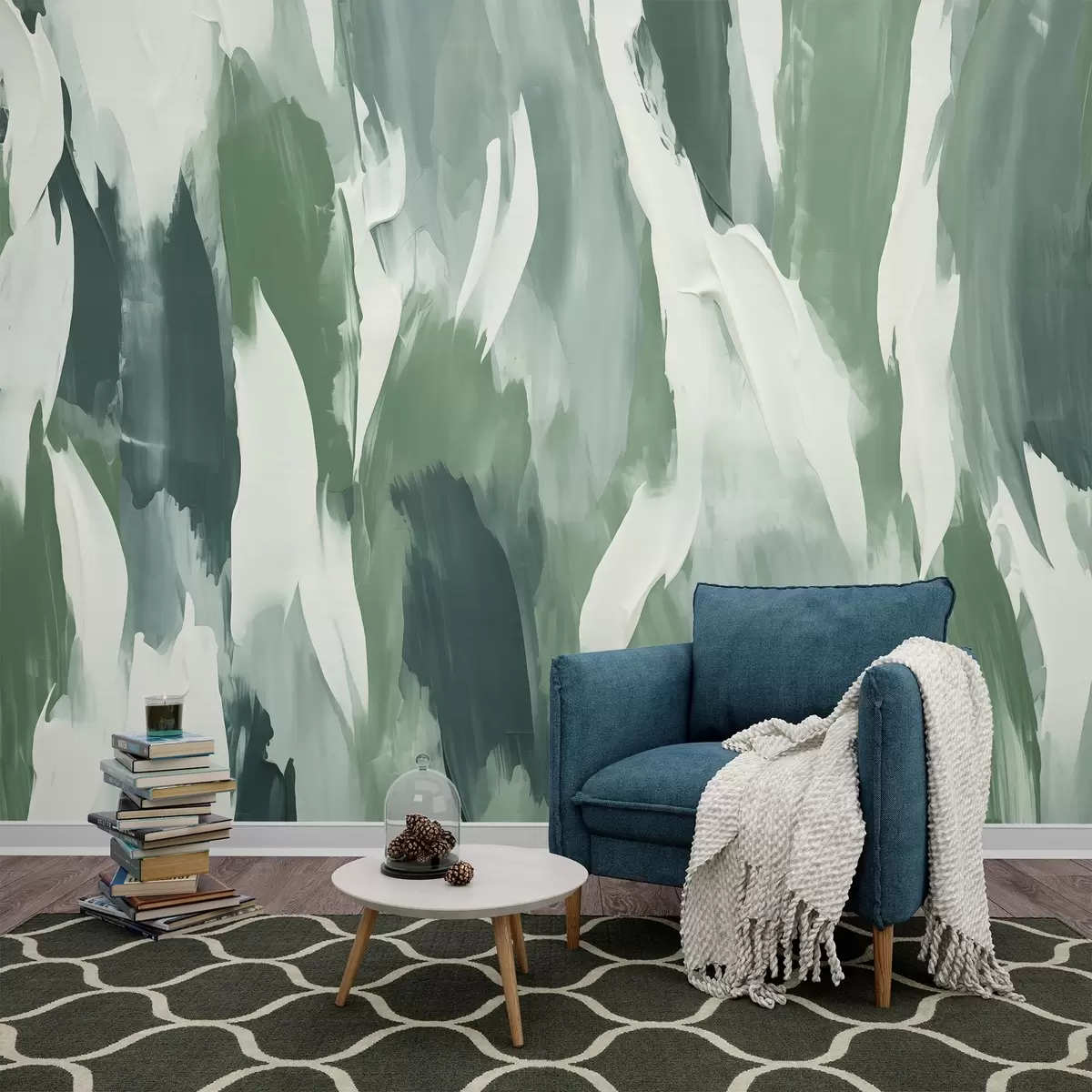 murais de parede Textura abstrata de pinceladas ousadas em verde e creme, evocando o ritmo da folhagem soprada pelo vento e o movimento orgânico w04035