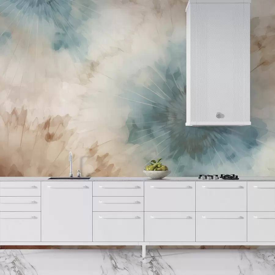 murais de parede Explosões radiantes em tons de azul-celeste, argila e ocre criam uma interação suave de energia fundamentada e expansão arejada, evocando o pulso da natureza w04036