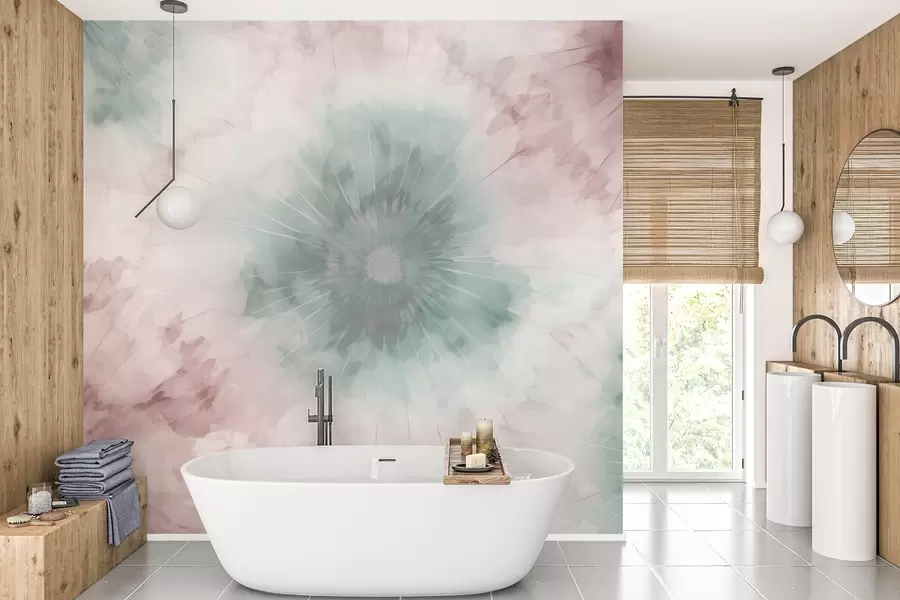 murais de parede Padrão radial em aquarela misturando verdes enevoados e rosas empoeirados, evocando a suavidade do orvalho da manhã e o primeiro sopro do dia w04036v2