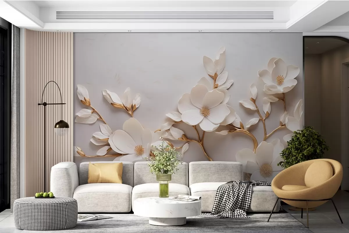 murais de parede Flores elegantes em relevo com hastes em tons suaves formam uma cena tranquila e harmoniosa w04039