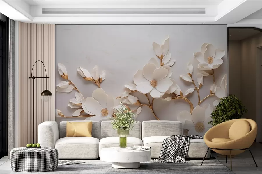 murais de parede Flores elegantes em relevo com hastes em tons suaves formam uma cena tranquila e harmoniosa w04039