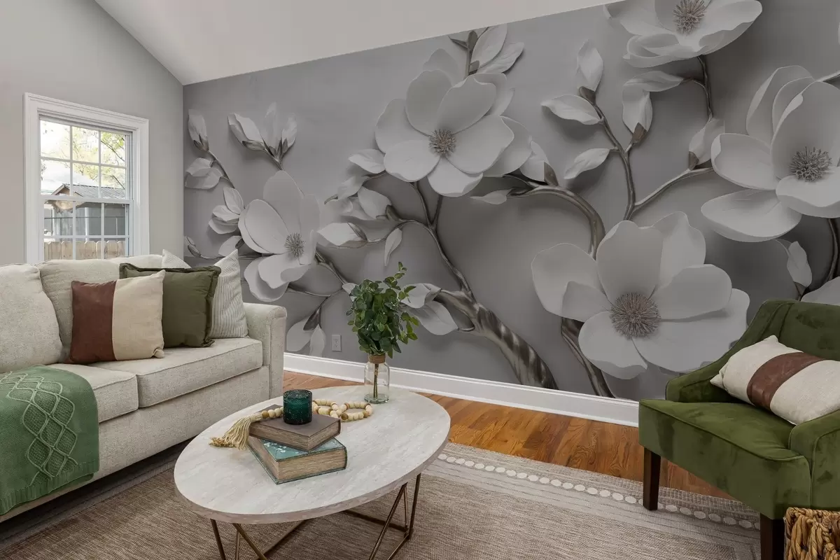 murais de parede Ramo floral dimensional em branco puro e tons neutros w04039v2