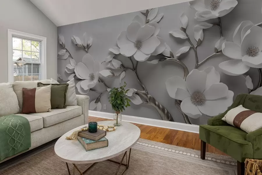 murais de parede Ramo floral dimensional em branco puro e tons neutros w04039v2