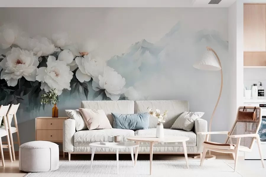 murais de parede pitorescas peônias brancas exuberantes contra o pano de fundo de montanhas enevoadas w03965