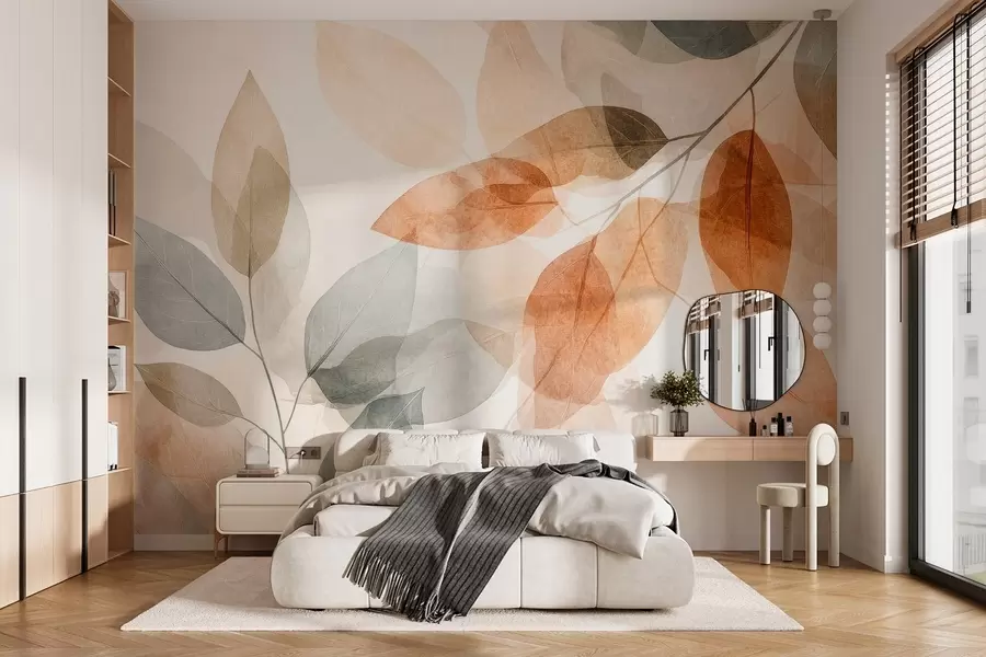 murais de parede folhas em estilo aquarela em tons de sépia e cinza w04024