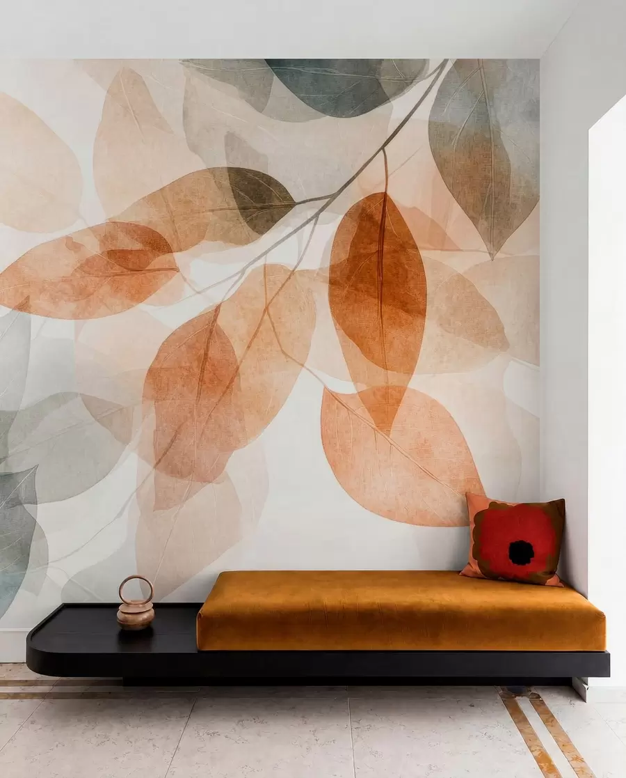 murais de parede folhas em estilo aquarela em tons de sépia e cinza w04024