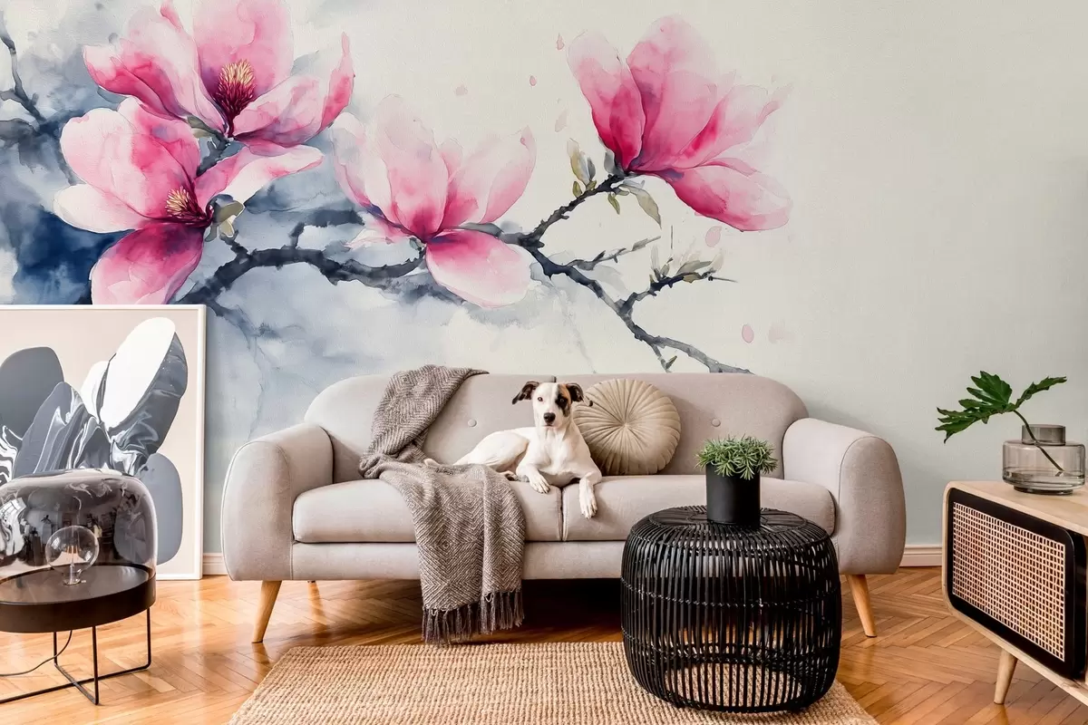 murais de parede ramo florido de magnólia rosa em um fundo marfim w04027