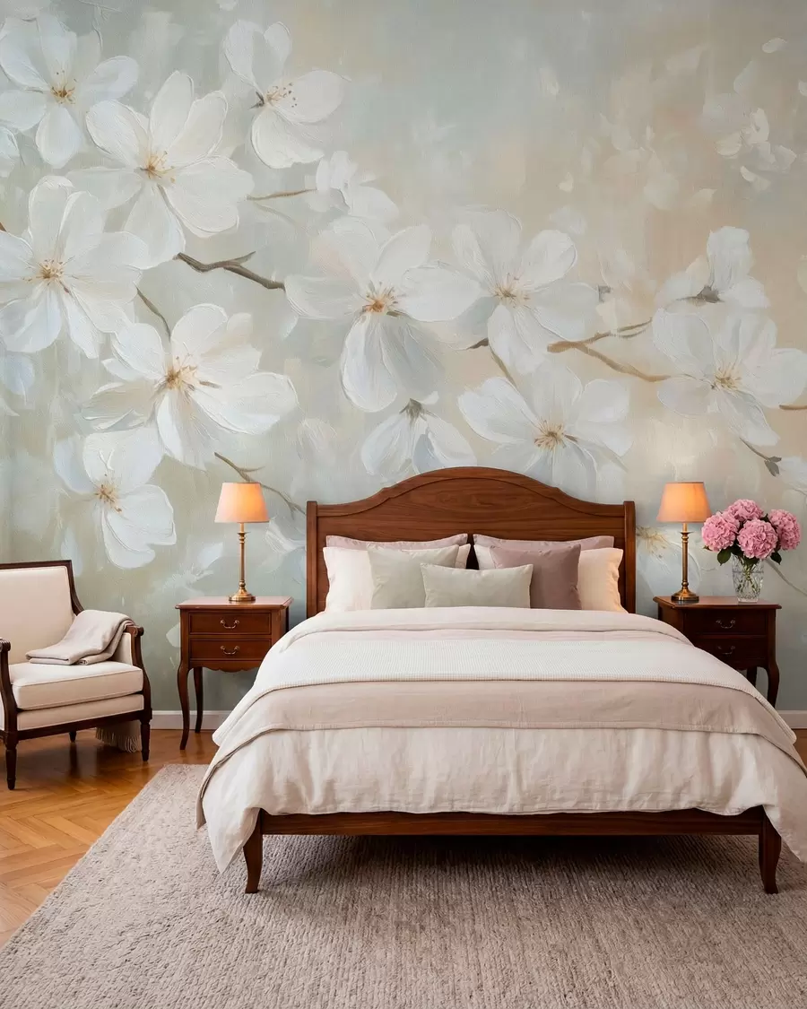 murais de parede delicado ramo de damasco em flor no estilo de pintura a óleo em cores pastéis w04029