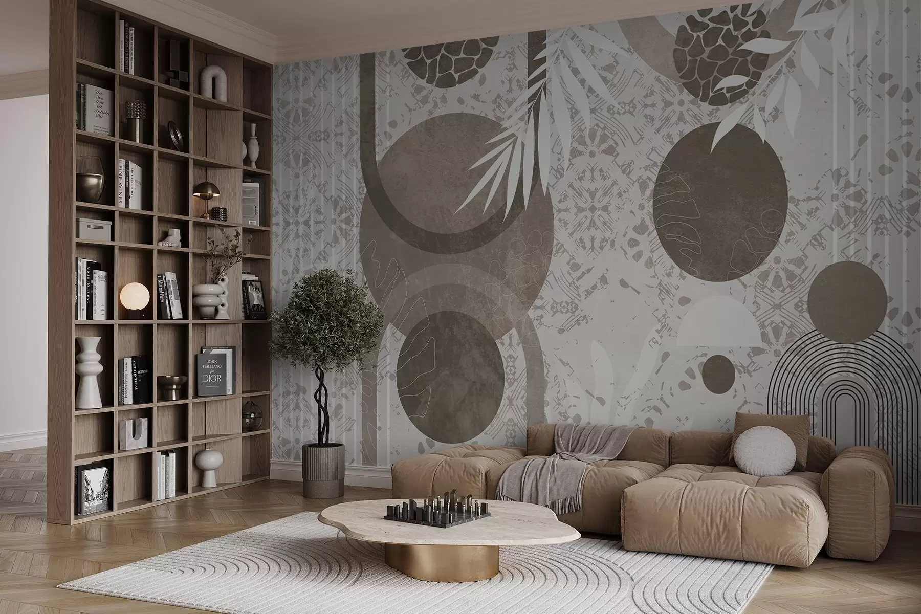 murais de parede Formas geométricas abstratas texturizadas em marrom e branco, círculos, arcos e elementos botânicos, design moderno e minimalista  w09130