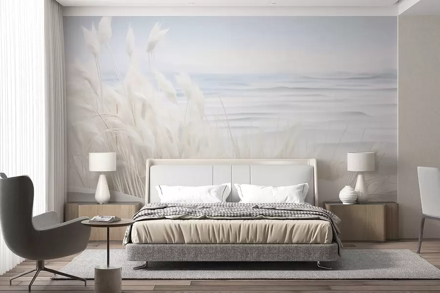 murais de parede Paisagem com grama branca dos pampas em uma duna de areia, com um oceano azul claro ao fundo, estilo suave e minimalista w09132