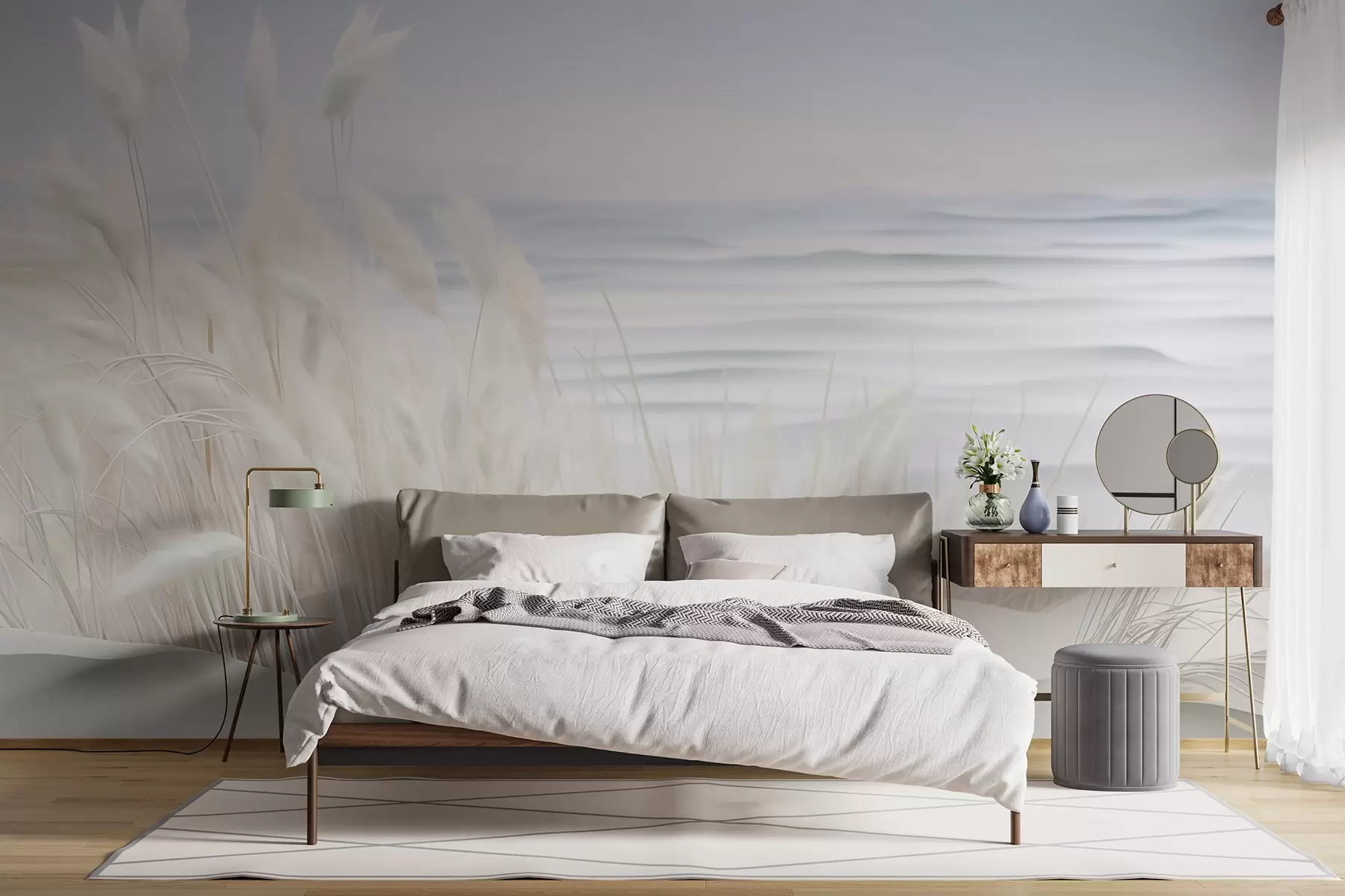 murais de parede Paisagem com grama branca dos pampas em uma duna de areia, com um oceano azul claro ao fundo, estilo suave e minimalista w09132