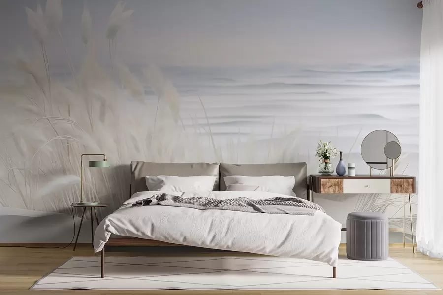 murais de parede Paisagem com grama branca dos pampas em uma duna de areia, com um oceano azul claro ao fundo, estilo suave e minimalista w09132