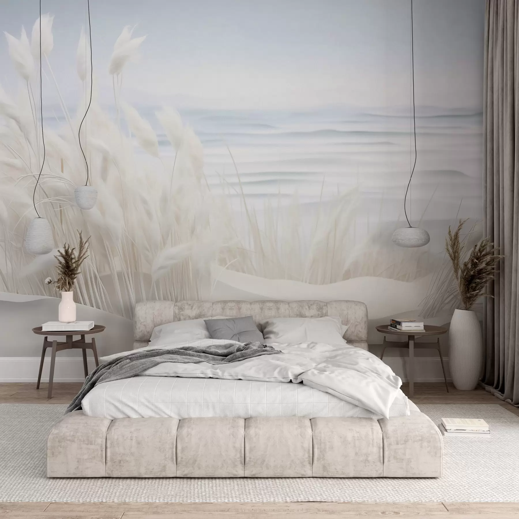 murais de parede Paisagem com grama branca dos pampas em uma duna de areia, com um oceano azul claro ao fundo, estilo suave e minimalista w09132