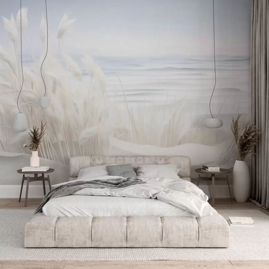 murais de parede Paisagem com grama branca dos pampas em uma duna de areia, com um oceano azul claro ao fundo, estilo suave e minimalista w09132