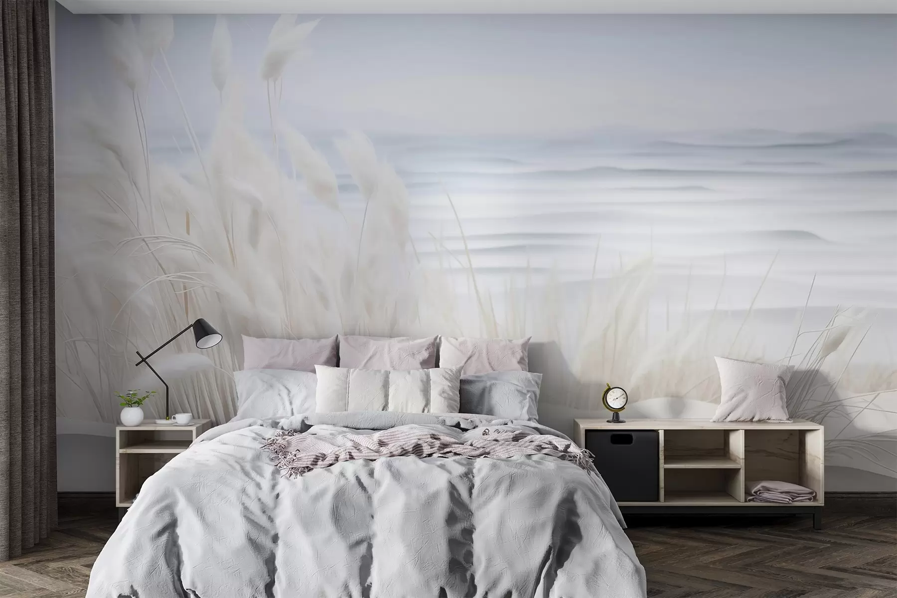 murais de parede Paisagem com grama branca dos pampas em uma duna de areia, com um oceano azul claro ao fundo, estilo suave e minimalista w09132