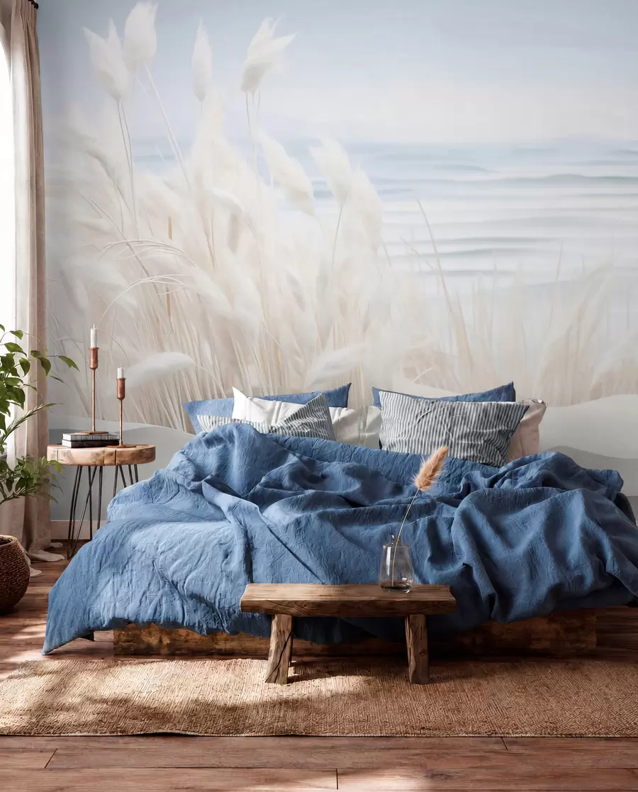 murais de parede Paisagem com grama branca dos pampas em uma duna de areia, com um oceano azul claro ao fundo, estilo suave e minimalista w09132