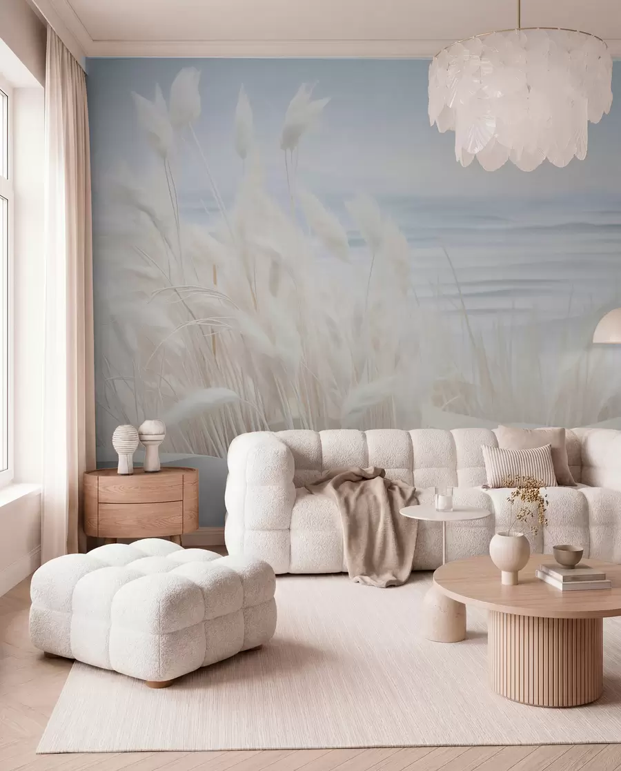 murais de parede Paisagem com grama branca dos pampas em uma duna de areia, com um oceano azul claro ao fundo, estilo suave e minimalista w09132