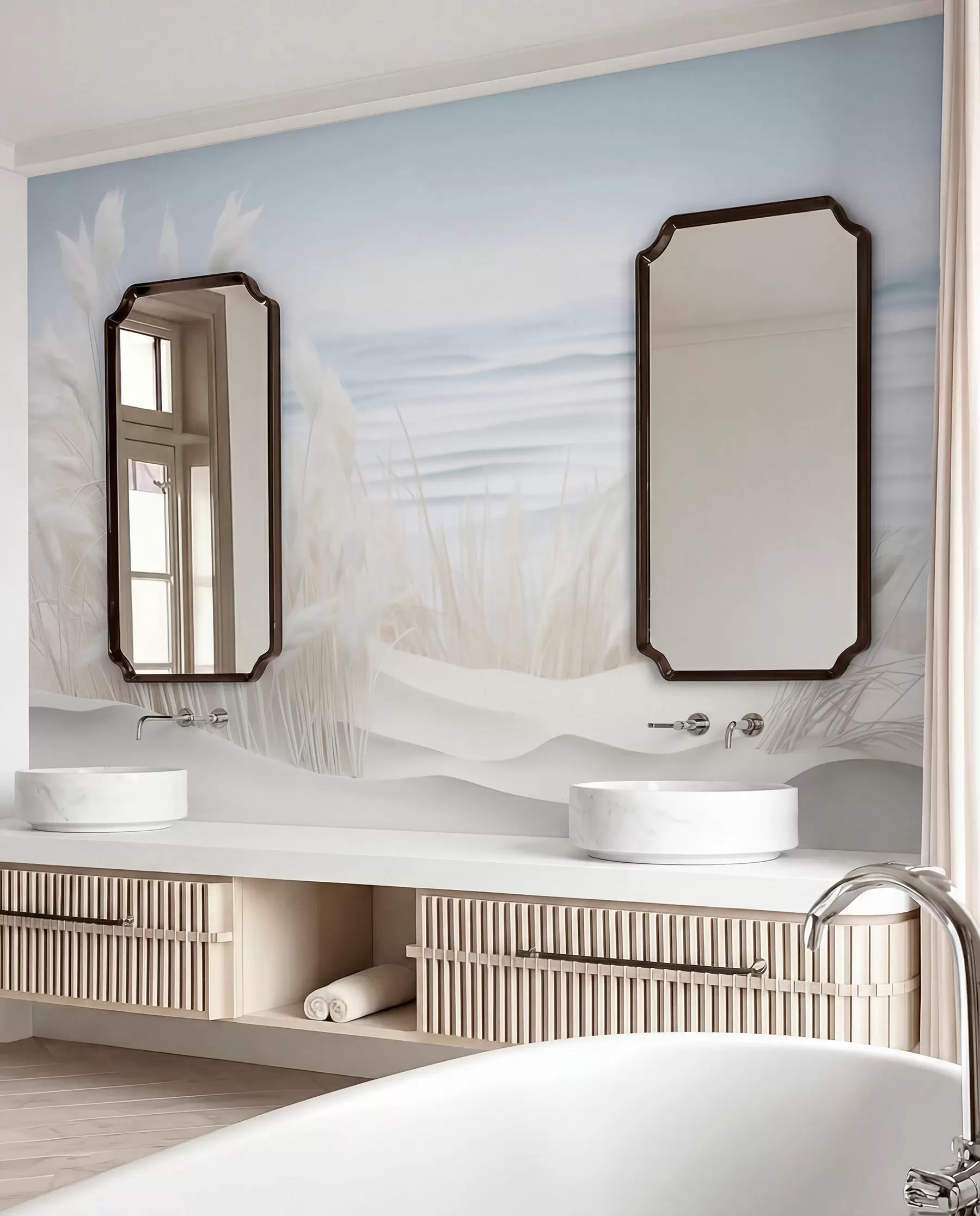 murais de parede Paisagem com grama branca dos pampas em uma duna de areia, com um oceano azul claro ao fundo, estilo suave e minimalista w09132
