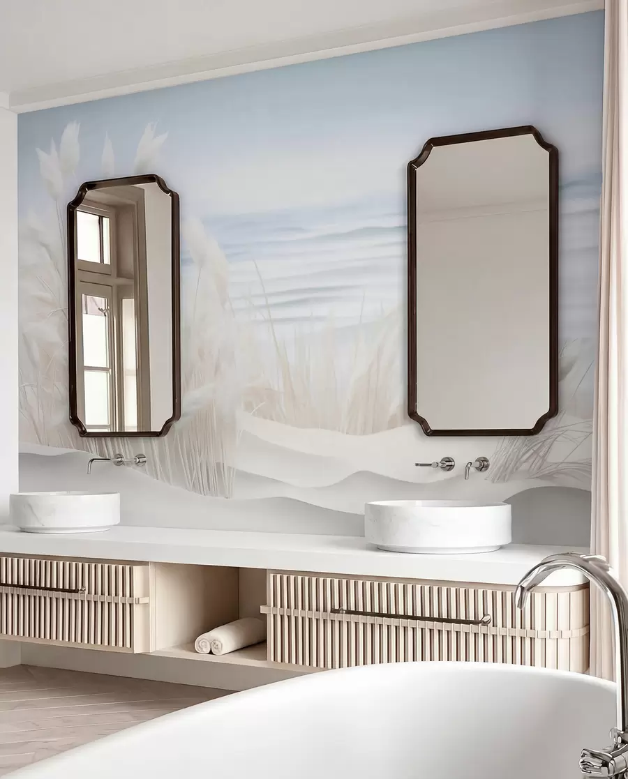 murais de parede Paisagem com grama branca dos pampas em uma duna de areia, com um oceano azul claro ao fundo, estilo suave e minimalista w09132