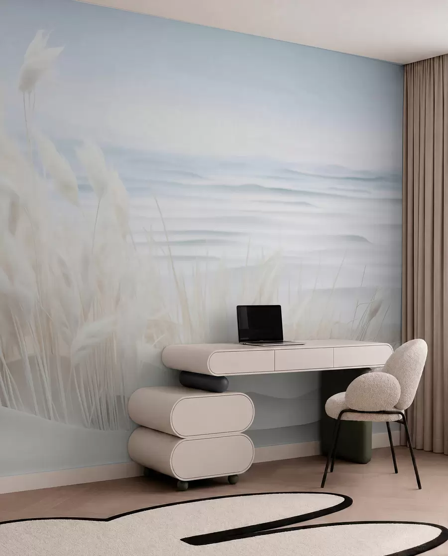 murais de parede Paisagem com grama branca dos pampas em uma duna de areia, com um oceano azul claro ao fundo, estilo suave e minimalista w09132